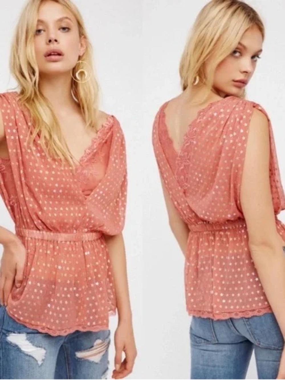 Free People Women's V-Neck Lace Trim Flutter Sleeve Top - Dusty Coral